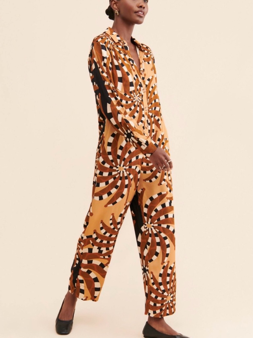 FARM Rio Mustard & Brown Printed Button-Front Jumpsuit